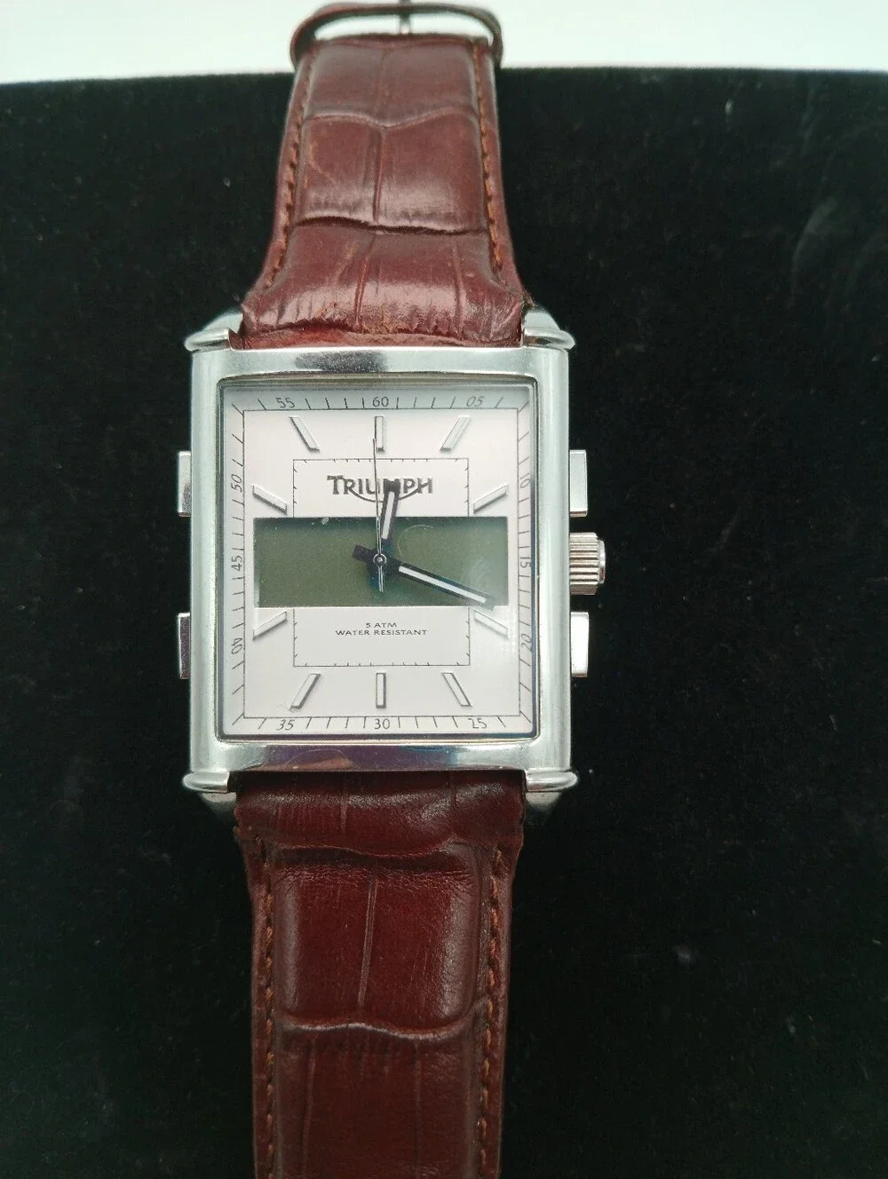 Triumph Rectangular Silver Tone Watch with Brown Leather Strap Very Rare